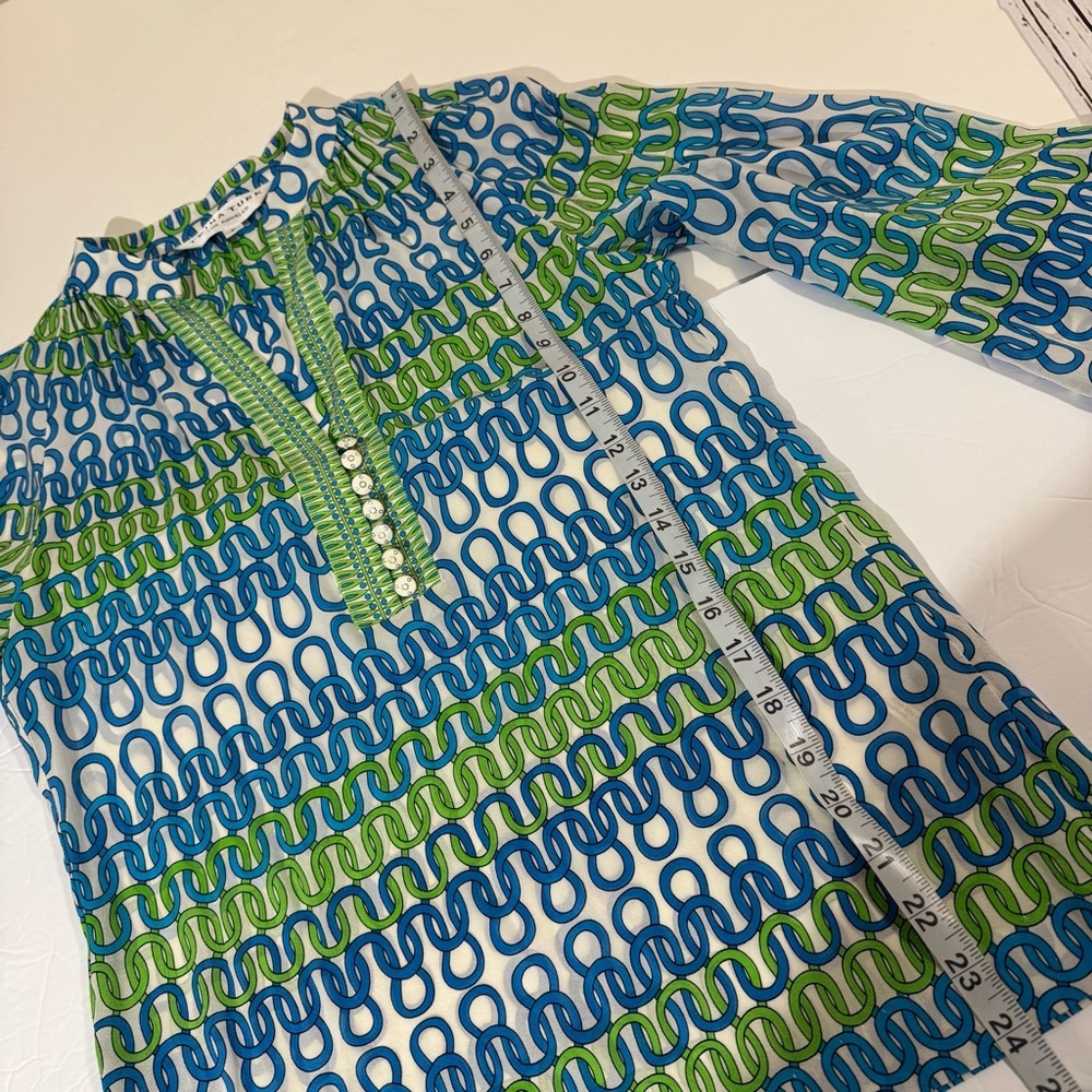 Trina Turk Blue & Green Chain-Print Long-Sleeve Silk Blouse Small - Picture 4 of 9